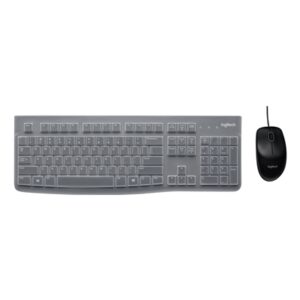 Logitech MK120 Wired Keyboard and Mouse Combo for Windows, Optical Wired Mouse, Full-Size Keyboard, USB Plug-and-Play, QWERTY UK English Layout, Black - Education Edition with Silicone Cover, Brown Box