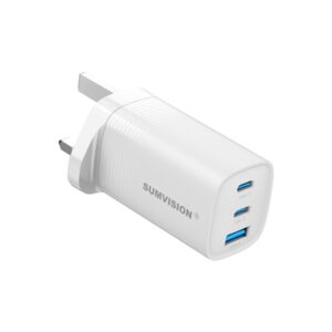 SUMVISION Universal 3 Port USB White Laptop Wall Charger, 65W, GaN, Multiport USB Connections with Type-C, USB-A QC 3.0 Fast Charge & USB-A, Includes UK Plug, Suitable for USB-C Laptop Charging, UK Design and Free UK Tech Support