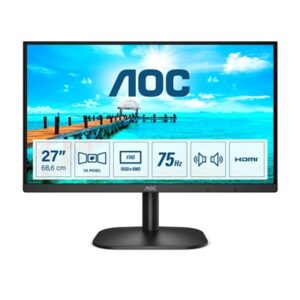 AOC 27B2AM 27 Inch LED Monitor,  Widescreen, Full HD, VGA, HDMI, 4ms, 75Hz, Frameless, Speakers, VESA, Black