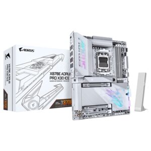 Gigabyte X870E AORUS PRO X3D ICE AMD AM5 Socket Motherboard, ATX, 4x DDR5 Slots, 4x M.2 Sockets, Fitted I/O Shield, 5GbE LAN, Wi-Fi 7, 1x HDMI Port / 2x USB-C (USB4)